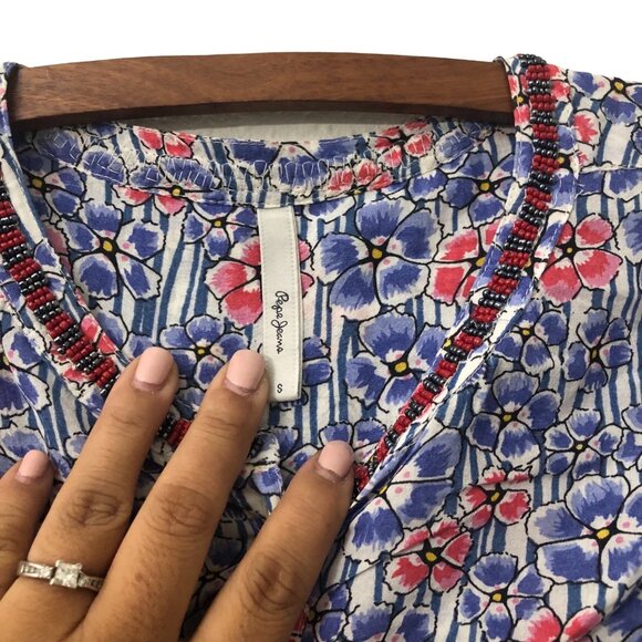 Pepe Jeans Womens Floral Bead Collar Sleeve Trim Button Shirt Size Small - Picture 4 of 7